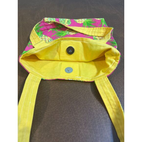 Pineapple Pink and Yellow Cotton Tote Bag Hand Made 9x9 Snap Button - Picture 4 of 4